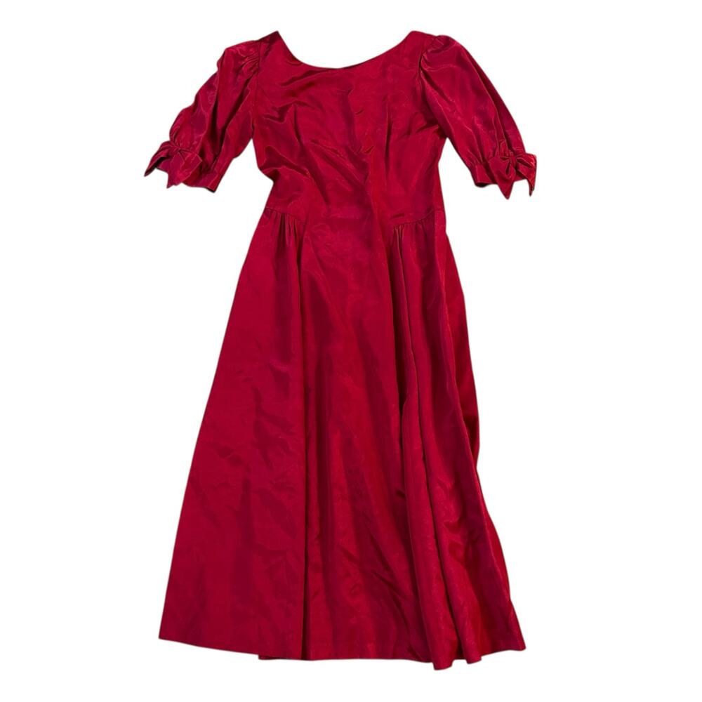Vtg 80s Lanz Originals Fit and Flare Formal Puff Sleeve Red Midi Dress Womens 10
